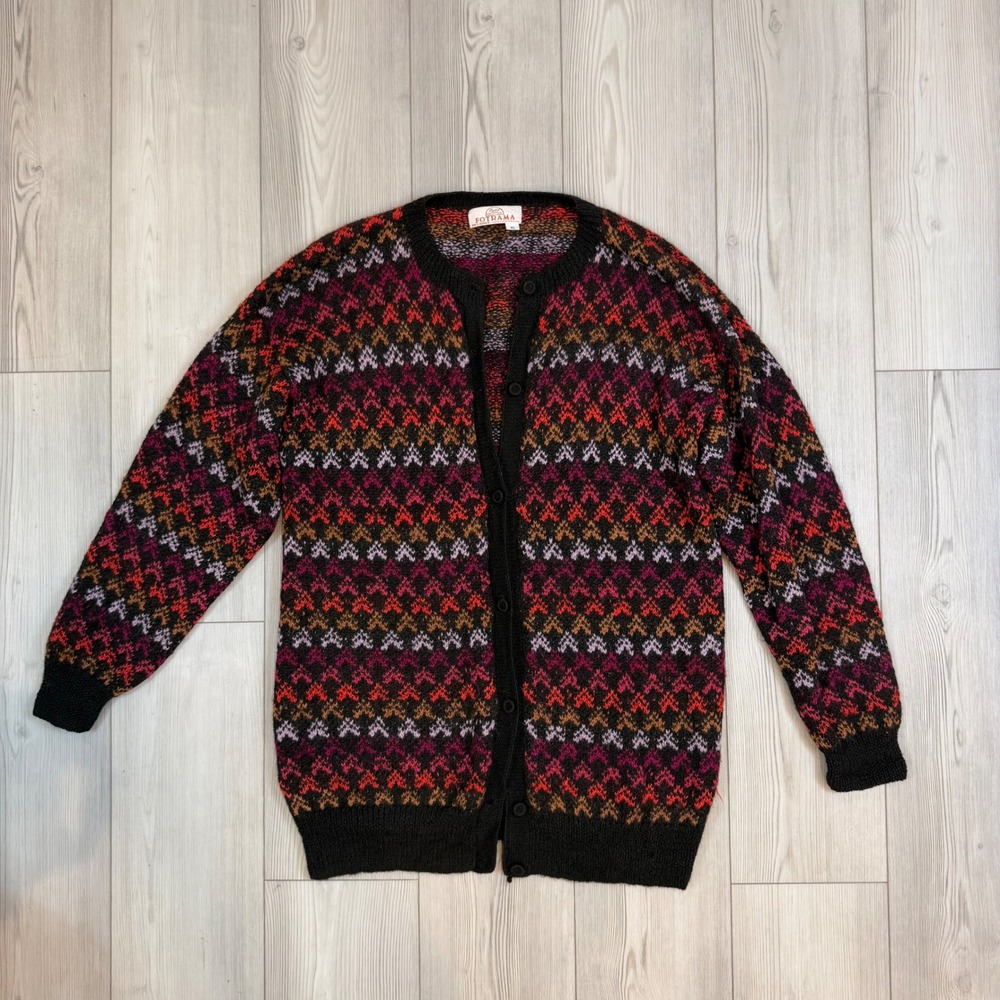Fotrama Alpaca Wool Cardigan Sweater XL Hand Made Bolivia Fair Isle Multi-Color